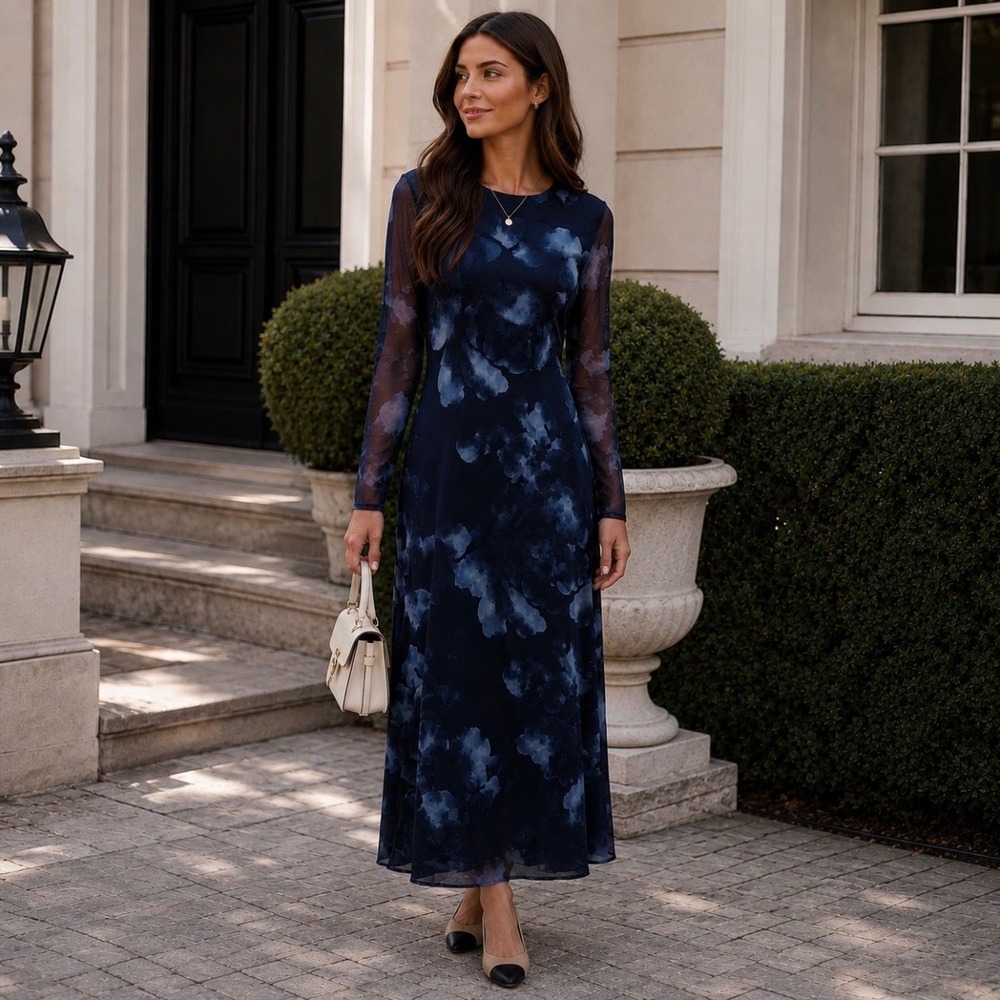 Rachel Zoe Navy Blue Floral Long Ruched Sleeve Maxi Dress M Sheer Mesh Ethereal
